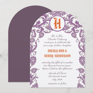Orange Plommon Damask Monogram Bröllopsinbjudan Inbjudningar