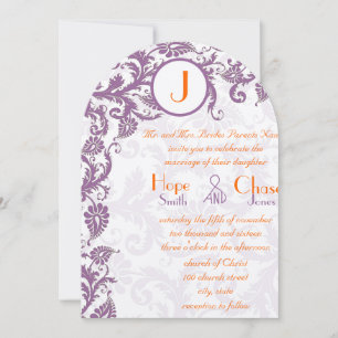 Orange Plommon Damask Monogram Bröllopsinbjudan Inbjudningar