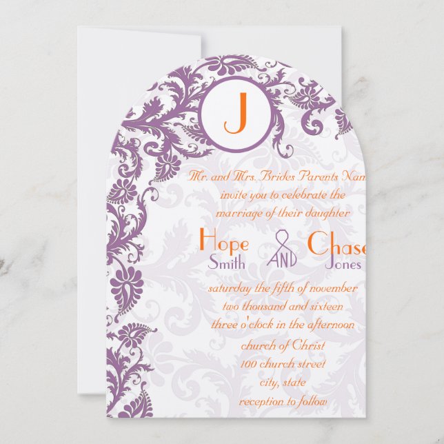 Orange Plommon Damask Monogram Bröllopsinbjudan Inbjudningar (Framsida)