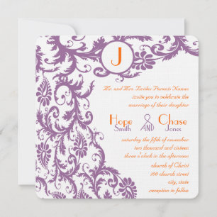 Orange Plum Damask Monogram bröllopsinbjudan Inbjudningar