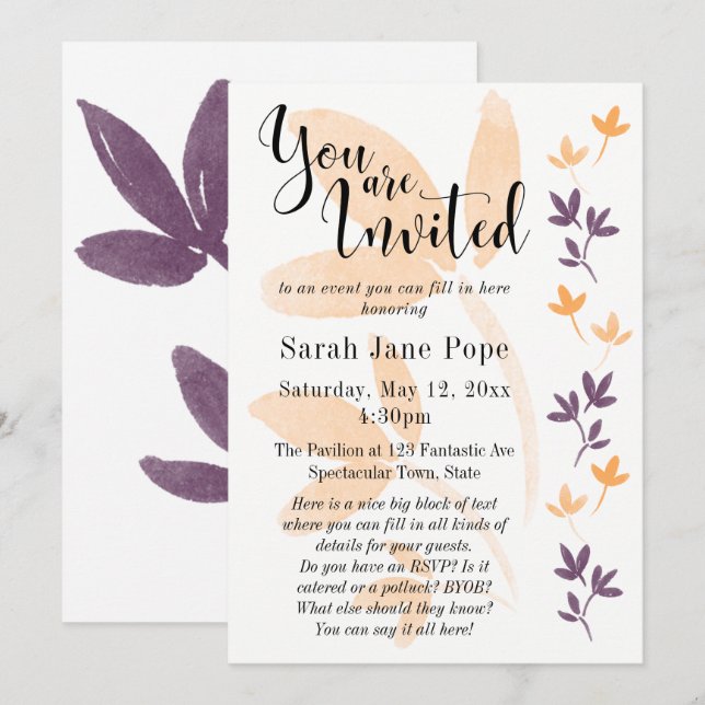 Orange & plum Löv Söt Typography-inbjudan Inbjudningar (Fram/baksida)