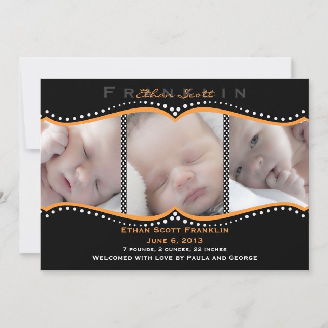 Orange Polka Dot Photo Birth Notice Meddelande (Framsida)