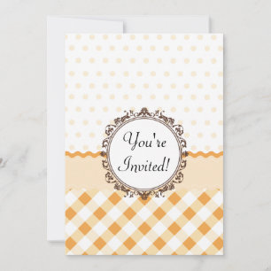 Orange Polkadots, Checkes och Rand med Monogram Inbjudningar