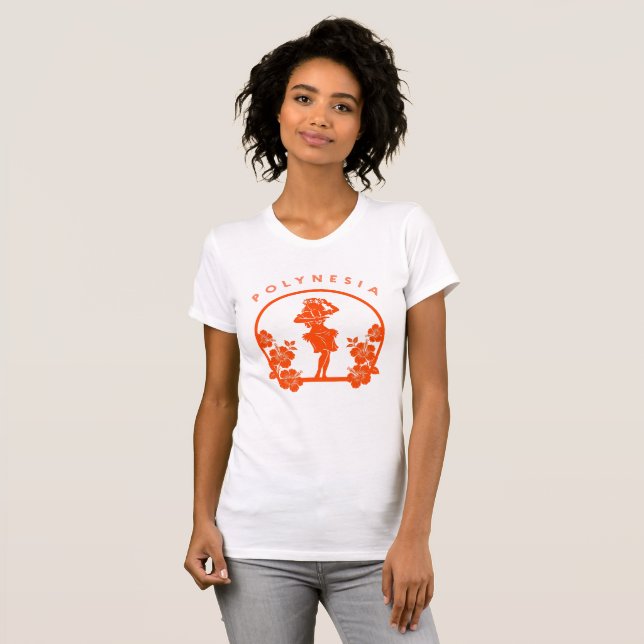Orange polynesiansk dansare med hibiskusblommor t shirt (Hel framsida)