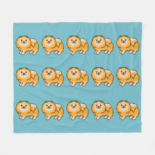 Orange Pomeranian Hundmönster på Blå Fleecefilt