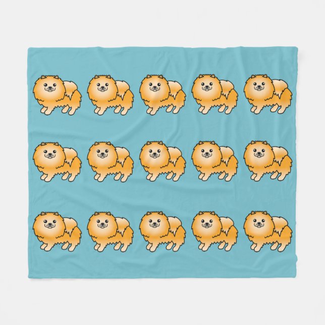 Orange Pomeranian Hundmönster på Blå Fleecefilt (Framsidan (Horisontell))
