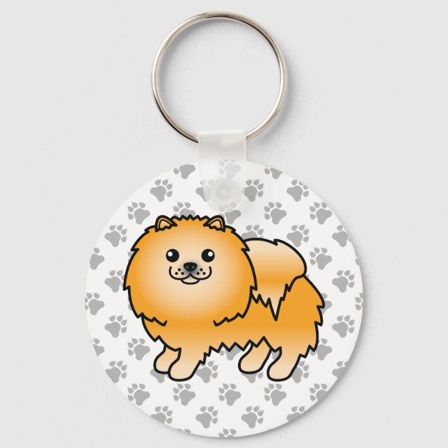 Orange Pomeranian Söt Tecknad Hund & Tass Nyckelring (Framsida)