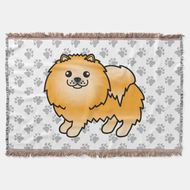 Orange Pomeranian Söt Tecknad Hund & Tassar Filt (Framsidan)