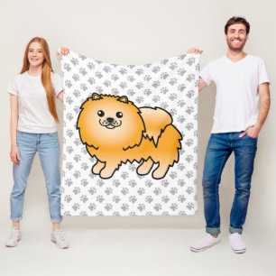 Orange Pomeranian Söt Tecknad Hund & Tassar Fleecefilt