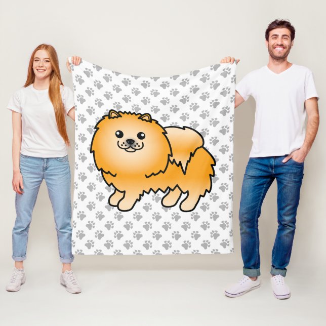 Orange Pomeranian Söt Tecknad Hund & Tassar Fleecefilt (På plats)