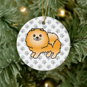 Orange Pomeranian Söt Tecknad Hund & Tassar Julgransprydnad Keramik