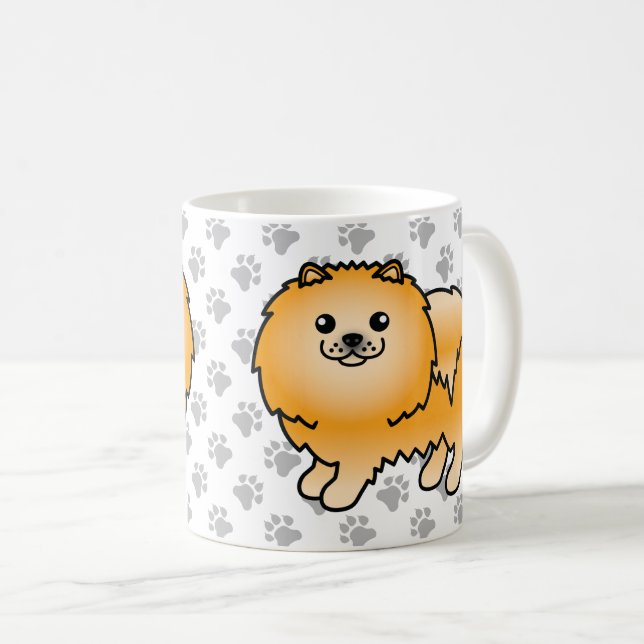 Orange Pomeranian Söt Tecknad Hund & Tassar Kaffemugg (Framsida höger)