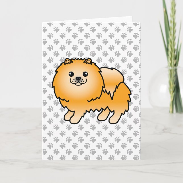 Orange Pomeranian Söt Tecknad Hund & Tassar Kort (Framsida)