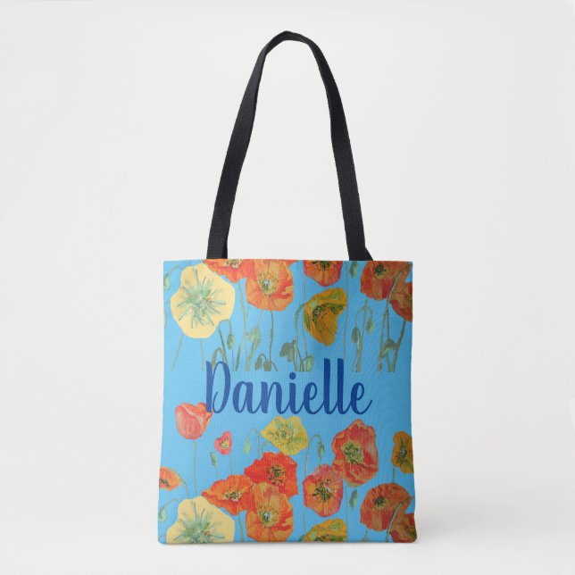 Orange Poppies Blue BlommigtGirl Namn Bag Tygkasse (Framsida)