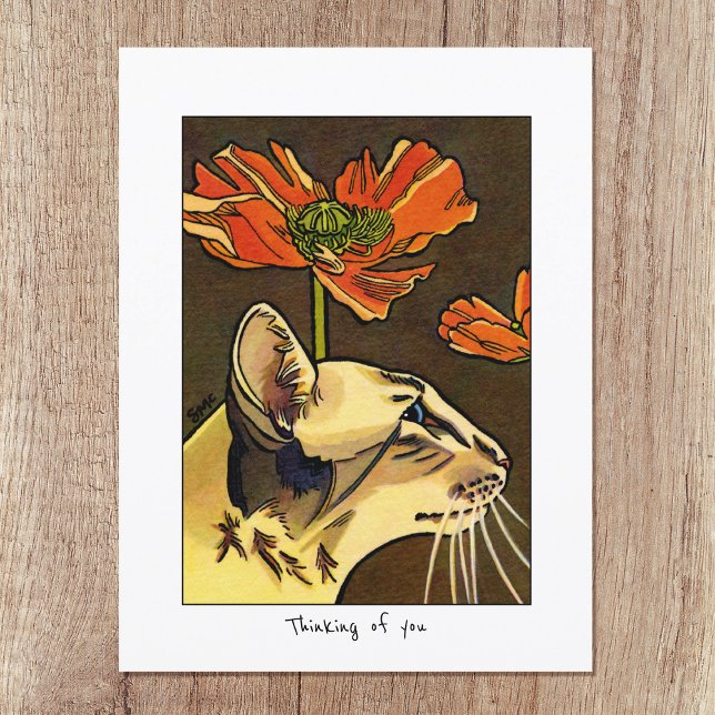 Orange Poppies Cat Thinking of You Anpassningsbar Vykort (Skapare uppladdad)