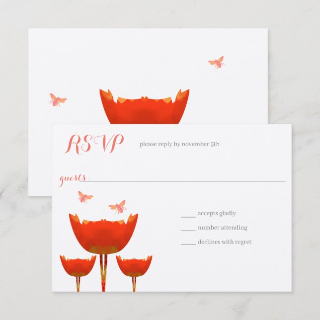 Orange Poppies & Humla Bröllop Inbjudningar (Fram/baksida)