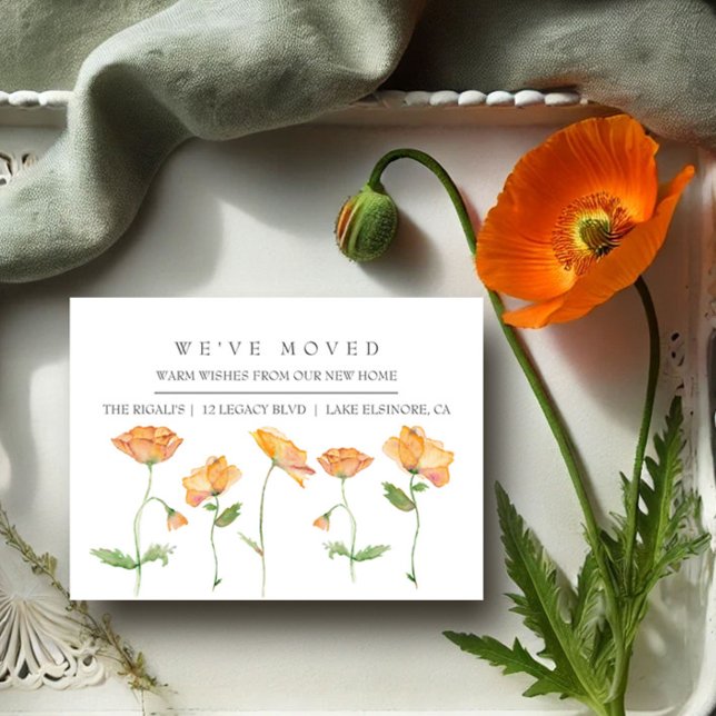 Orange Poppies Nytt meddelande om Flytta hemma (New address business cards watercolor orange poppy art by Victoria Grigaliunas VG Invites)