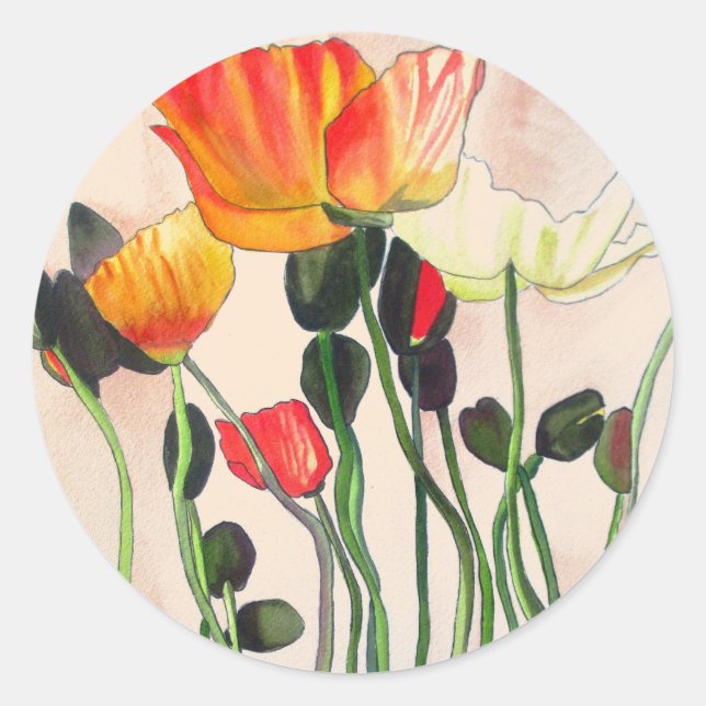 Orange Poppy-blommor peach boho bröllop Runt Klistermärke (Framsida)
