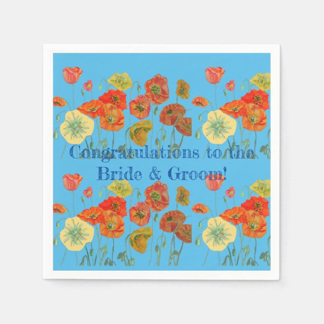 Orange Poppy Bride & Groom Serviette Napkins Blue Pappersservett (Framsidan)
