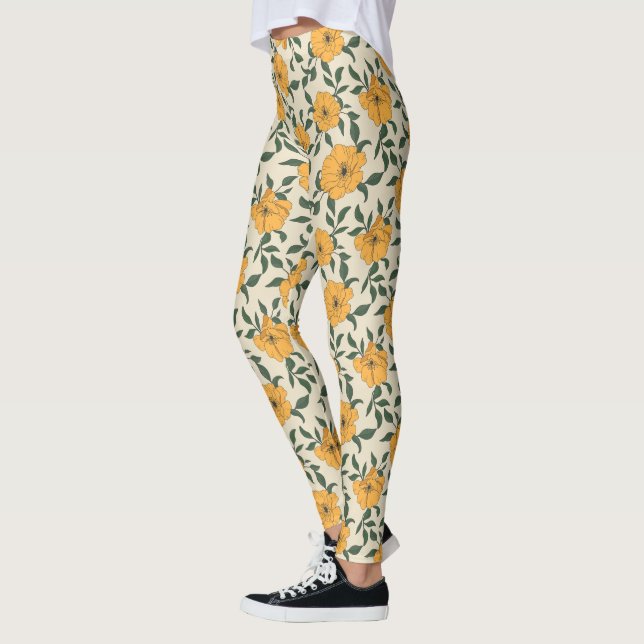 Orange Poppy Flower Mönster Leggings (Vänster)