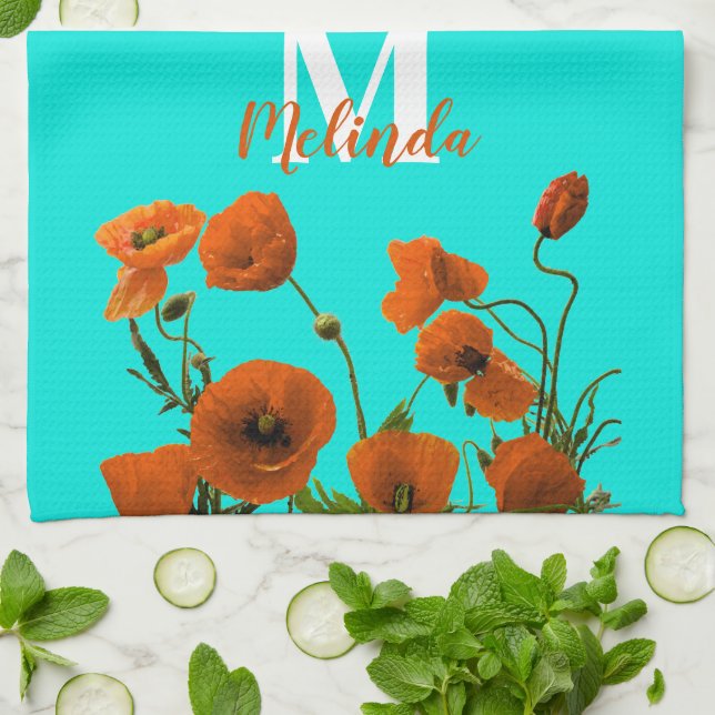 Orange Poppy Flowers Blommigt Monogram Initial Nam Kökshandduk (Vikta)