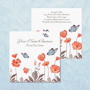 Orange Poppy Flowers och Blue Butterflies Garden Fyrkantigt Visitkort