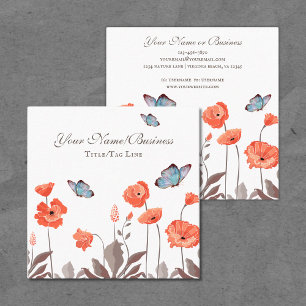 Orange Poppy Flowers och Blue Butterflies Garden Fyrkantigt Visitkort