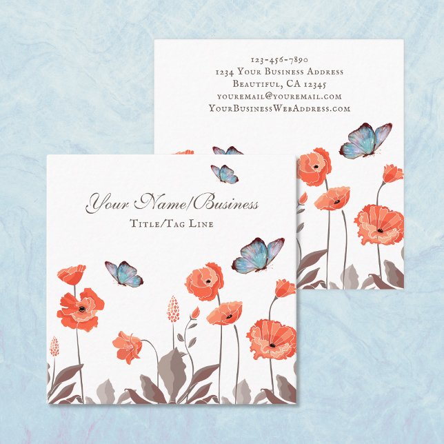 Orange Poppy Flowers och Blue Butterflies Garden Fyrkantigt Visitkort (Skapare uppladdad)