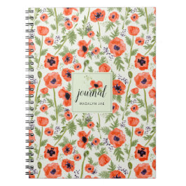 Orange Poppy Watercolor Blommönster Namn Anteckningsbok
