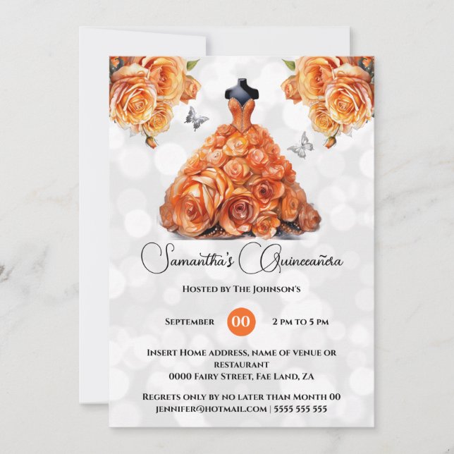Orange princess Quinceañera fantasy ballgown ro Inbjudningar (Framsida)