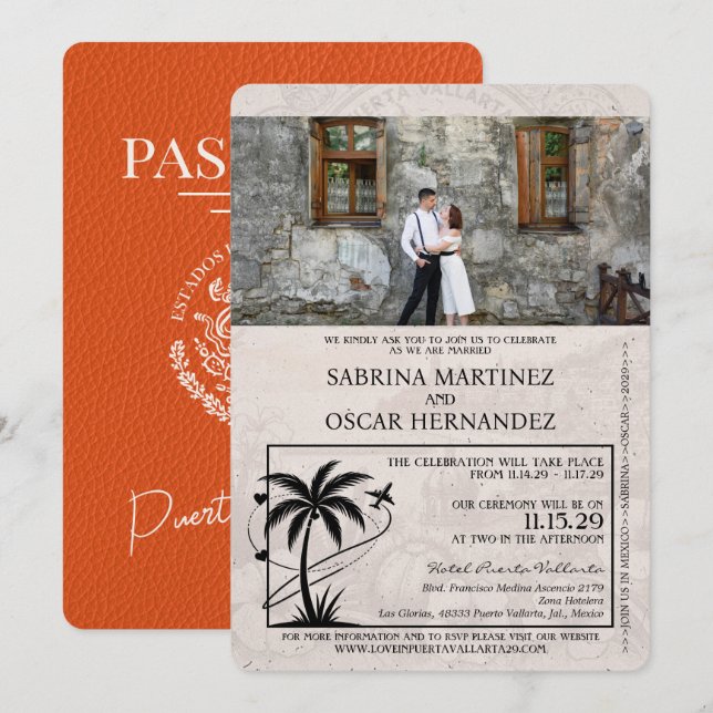 Orange Puerta Vallarta Passport Bröllop Inbjudningar (Fram/baksida)