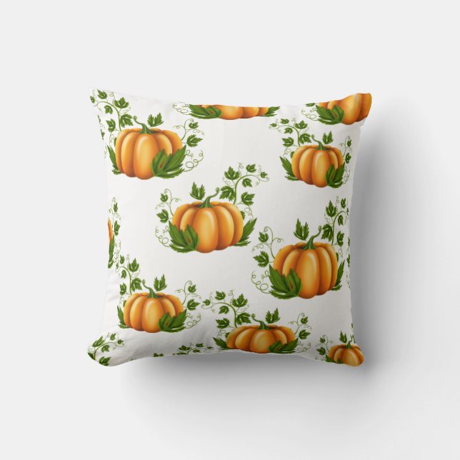 Orange Pumpa Med Gröna Blad Rustik Landsbygd Kudde (Framsida)