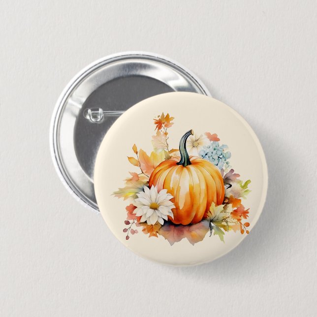 Orange Pumpa och Blommor Höst Knapp (Framsida & baksida)