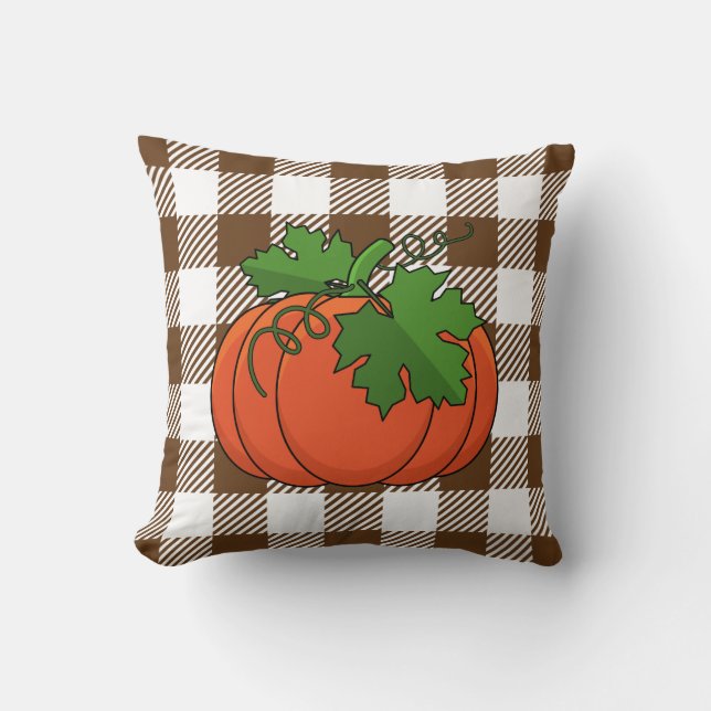 Orange pumpa på vit brun rutig mönster kudde (Framsida)