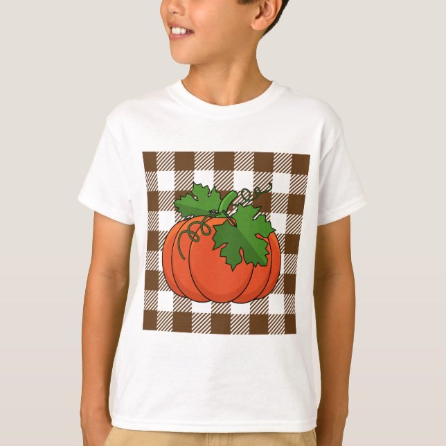 Orange pumpa på vit brun rutig mönster t shirt (Framsida)