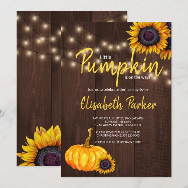 Orange Pumpa Solrosar Ladan Trä Babyfirande Inbjudningar (Fram/baksida)
