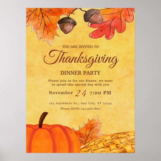 Orange Pumpa Thanksgiving middagsfest Utskrivbar Poster (Framsidan)
