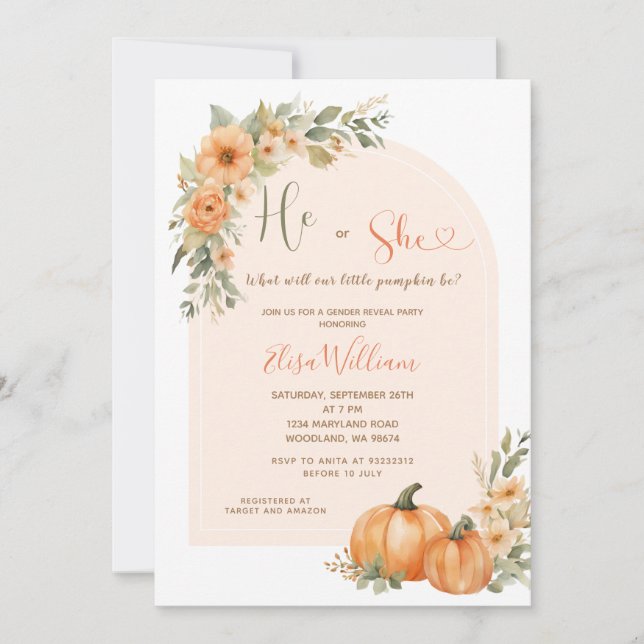 Orange Pumpkin avlider Gender för Blommigt Inbjudningar (Framsida)