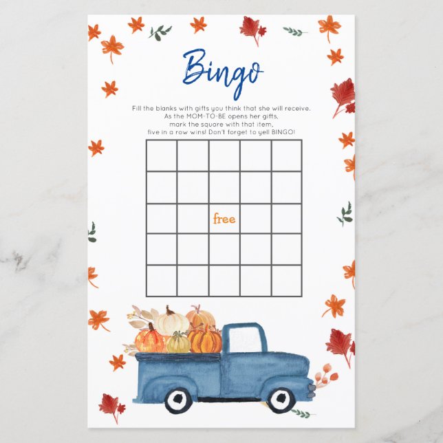 Orange Pumpkin Blue Lastbil Baby Shower Bingo Game (Framsida)