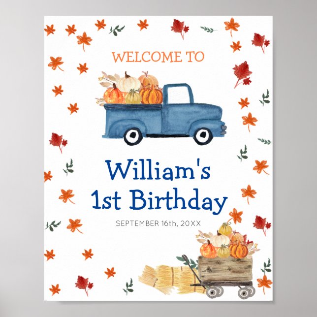 Orange Pumpkin Blue Lastbil Birthday Välkomstskylt Poster (Framsidan)