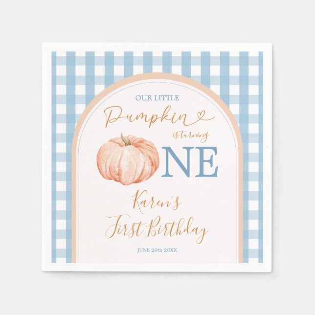 Orange Pumpkin Boho Blue Gingham 1st Birthday Pappersservett (Framsidan)