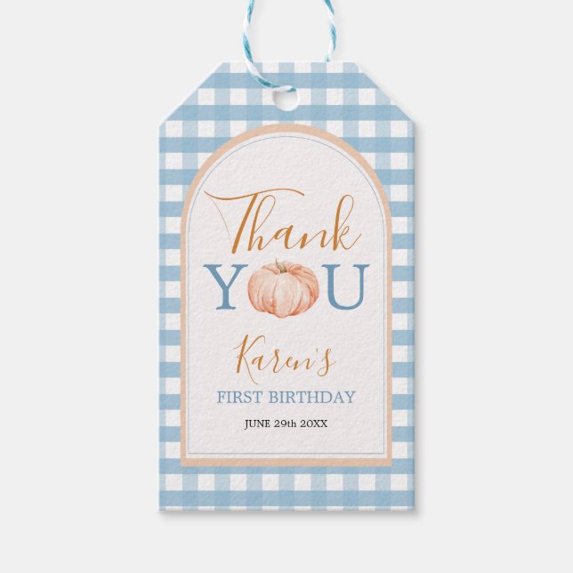 Orange Pumpkin Boho Blue Gingham 1st Birthday Presentetikett (Framsidan)