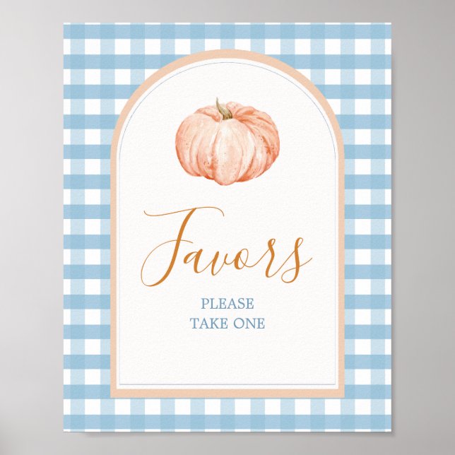 Orange Pumpkin Boho Blue Gingham Favors Sign Poster (Framsidan)
