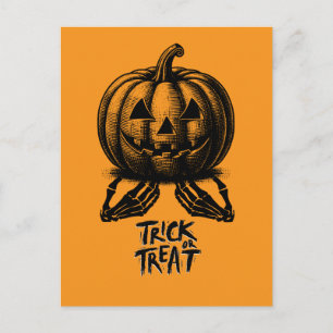 Orange Pumpkin Bus eller godis Skull Hand Spooky Helg Vykort