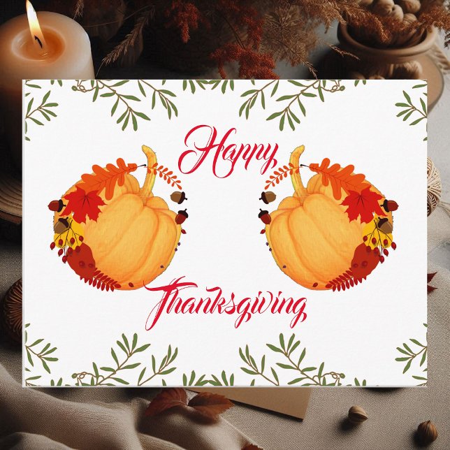 Orange Pumpkin Fall Maple Acorn Happy thanksgiving Helg Vykort (Orange Pumpkin Fall Maple Acorn Happy Thanksgiving Holiday Postcard)