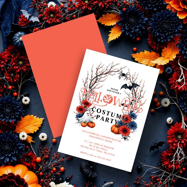 Orange Pumpkin Ghost Bats Spiders Halloween Inbjudningar (Halloween Party Invitation Cards with Colorful Pumpkins, Ghosts, Bats, and Spiders on Back Orange.)