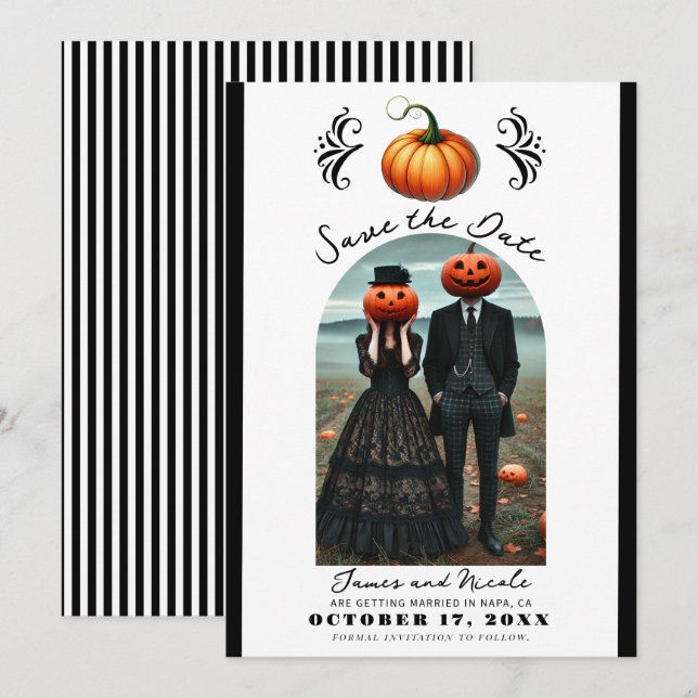 Orange Pumpkin Halloween Fall Photo Save Date Inbjudningar (Fram/baksida)