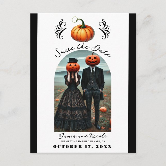 Orange Pumpkin Halloween Fall Photo Save Date Meddelande Vykort (Framsida)