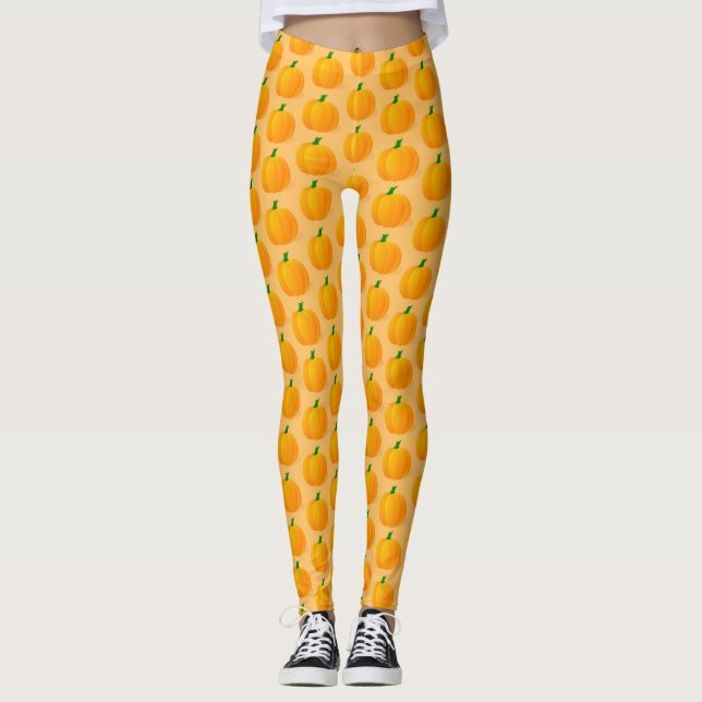 Orange Pumpkin Halloween Mönster Leggings (Framsida)