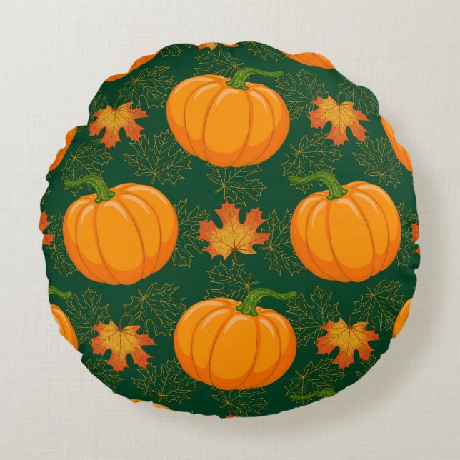 Orange Pumpkin Höst löv Mönster Rund Kudde (Framsidan)